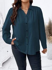 Elenzga Plus Size Solid Color Lapel Front Button Long Sleeve Casual Fall Blouse - Teal Blue - View 5