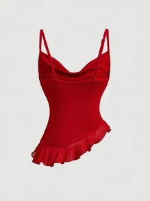 SHEIN MOD Áo hai dây màu đỏ trơn, chất liệu vải lưới, họa tiết hoa 3D xếp ly, vạt áo có thể tháo rời, viền bèo nhún bất đối xứng, thích hợp mặc đi dự tiệc hoặc các dịp đặc biệt như tiệc tùng, hóa trang, áo màu đỏ đô, áo đi club. - Đỏ - Xem 2