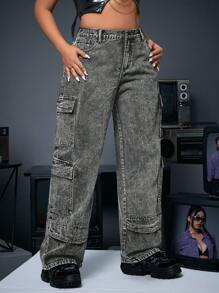 SHEIN ICON Plus Size Casual Washed Denim Cargo Pants - Grey - View 3
