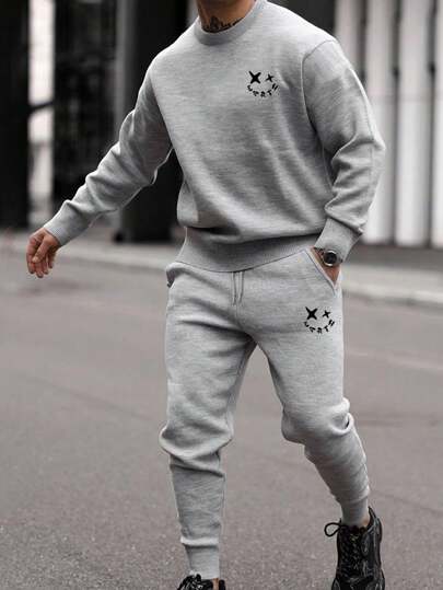 EURMUSE Men's Letter Printed Sweatshirt And Jogger Pants Set