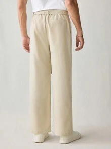 Manfinity VCAY 男式梭织休闲宽松纯色系带正装长裤 - 卡其色 - 查看 2