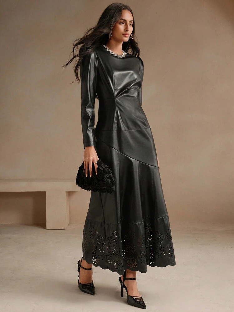 Spring/Autumn Fashion Long Sleeve Vintage Style Hollow Floral Pattern PU Dress