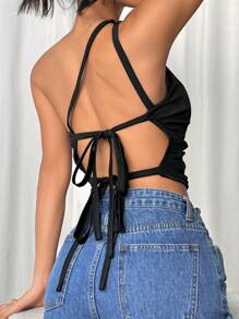 SHEIN EZwear Women's Solid Color Asymmetrical Shoulder Sleeveless Hollow-Out Casual Top With Back Tie