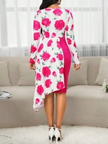 SHEIN Lady Vestido para fiesta de Navidad, vestido de fiesta, vestido de invitada de boda. Vestido con estampado de flores rojas, dobladillo asimétrico y diseño ajustado a la cadera. Vestido para dama, para usar en fiestas, primavera, verano, otoño. - Rosa Fucsia - Ver 2