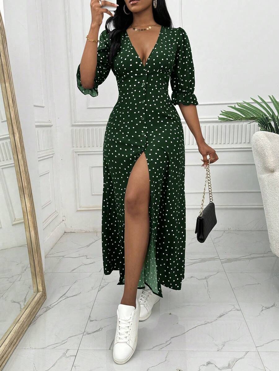 SHEIN LUNE 正面纽扣花卉和波尔卡圆点长款休闲连衣裙 - 綠色 - 查看 1