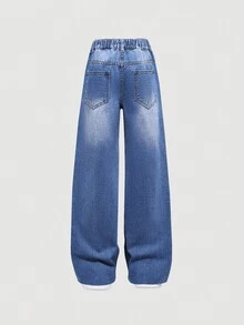 Girls Casual Embroidered Floral Washed Denim Jeans, Suitable For Autumn & Winter - Medium Wash - View 2