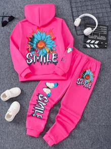 SHEIN 2 件套 Tween Girl 花卉印花连帽衫和运动裤套装 - 玫紅色 - 查看 1