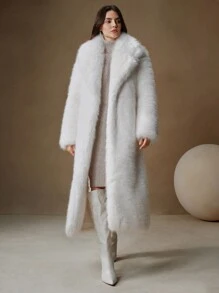 Anewsta 女士长款蓬松领优雅现代时尚夹克，适合节日聚会服装 - 白色 - 查看 7