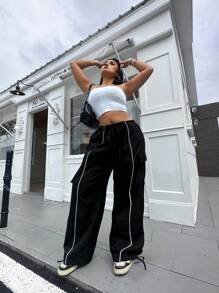 Vibekara Plus Size Women Elastic Waist Drawstring Cargo Pants With Hem Embellishment Fall Cloth For Women - Black - View 4