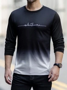 Manfinity Homme Men Round Neck Long Sleeve Gradient Print Letter Graphic Design Fitted Charming Casual T-Shirt, For Going Out, For Husband, Men's Fashion T-Shirt, Men's Graphic Tee, Ombre T-Shirt, Casual Men's Top, For Fall