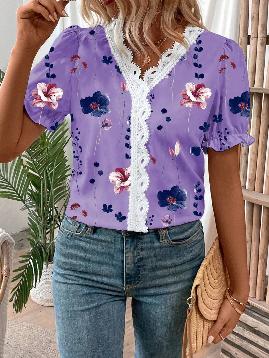 Chiquease 女士花卉印花拼布短袖褶皱衬衫,日常休闲装 - 紫色 - 查看 1