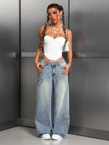 SHEIN ICON Jeans de pierna recta con lavado, mosca con botones frontales, bolsillos múltiples, bordado de moño - Azul lavado medio - Ver 4