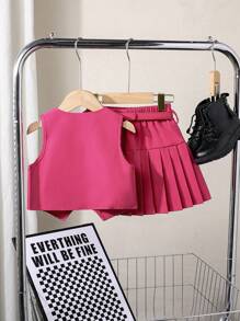 SHEIN 年轻女孩通勤休闲挂脖衬衫和百褶裙套装