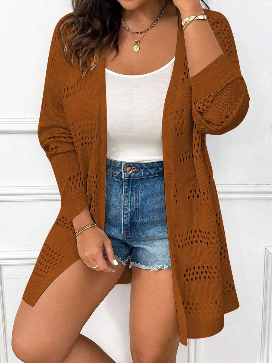Elenzga Plus Size Spring & Autumn Solid Color Hollow-Out Knit Fall Cardigan Winter - Brown - View 1