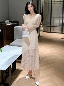 Vestido de encaje con cuello en V y envolvente para mujer, vestido de fiesta de cumpleaños, con volantes, vestido largo de manga larga elegante para mujer - Blanco - Ver 3