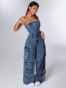 SHEIN ICON Bộ đồ liền thân denim không tay cho nữ - Rửa tối - Xem 5
