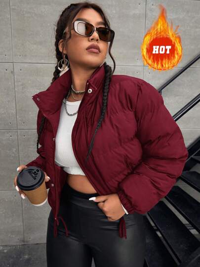 SHEIN EZwear Solid Color Front Zip Up Casual Padded Coat For Daily Wear, Plus Size, Winter Fall Autumn
