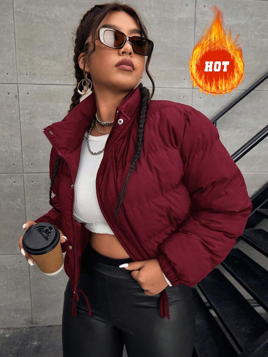 Plus Size Solid Color Front Zipper Long Sleeve Casual Padded Coat, Everyday Wear - Burgundy - View 1