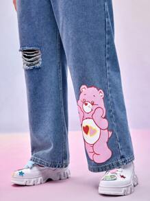 SHEIN X Care Bears Quần Jeans Xanh Rửa Cổ Điển Thường Ngày Hình Trái Tim & Gấu Hồng In Hình Hoạt Hình Dáng Rộng Co Giãn Rách Cạp Cao, Thu/Đông - Màu xanh lam - Xem 1