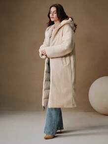 Anewsta Thick Long Reversible Hooded Women Jacket With Horizontal Quilting Lambswool Lining - Beige - View 3