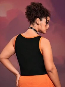 SHEIN X Care Bears 大码女式万圣节卡通熊和字母图案背心，夏季 - 黑色 - 查看 2