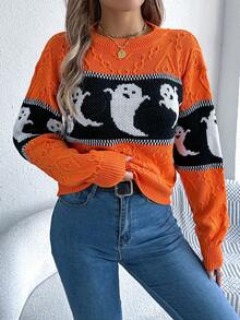 Autumn/Winter Ghost Patchwork Knit Long Sleeve Sweater - Orange - View 4