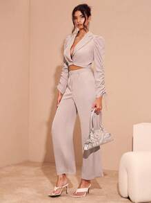 Glamine 2pcs Women Spring/Summer Fashion Solid Drawstring Flare Sleeve Jacket And Pants Suit Set Fall Cloth For Women - Dusty Purple - View 4