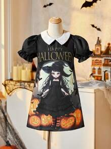 SHEIN 年轻女孩休闲优雅万圣节服装白衬衫领泡泡袖 A 字型黑色哥特风格南瓜哥特式印花连衣裙搭配印花黑色手提包，适合秋季、冬季、休闲、派对、生日、宴会、家庭聚会、万圣节 - 黑色 - 查看 3