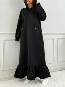 SHEIN EZwear Women's Solid Color Long Sleeve Drawstring Casual Long Sweatshirt Dress, Vacation In Fall/Winter