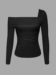 Chiquease Damen asymmetrischer Ausschnitt Langarm Passform Gerafftes Elegantes Charmantes Weiches T-Shirt - Schwarz und Weiss - Übersicht 6