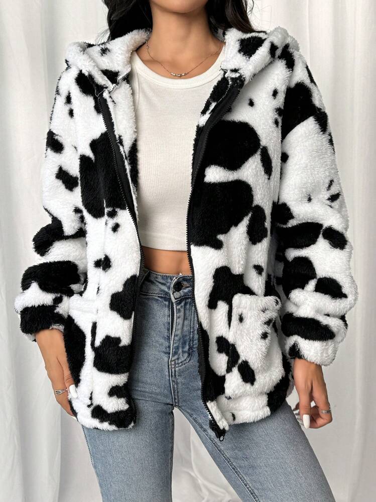 SHEIN EZwear Women Regular Length Two-Sided Fleece Cow Print