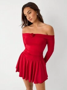 SHEIN Unity 女士露肩长袖碎花褶皱优雅连衣裙 - 紅色 - 查看 4