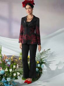 KATHARSIS Frida Kahlo X SHEIN X Designer 商务休闲尖头翻领花朵印花修身西装外套，适合节日、感恩节、春季、节日、办公室 - 黑色 - 查看 4