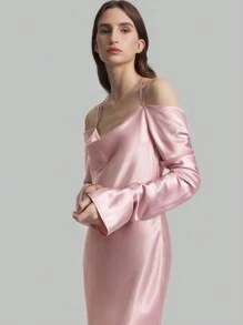 Ontre Elegant Fitted Off Shoulder Bell Sleeve Fish Tail Silk Party Dress, Pink Pastel Dress