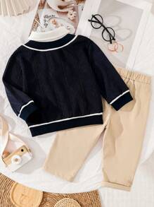 SHEIN 男婴仿针织衬衫领毛衣和上衣套装，秋冬 - 彩色 - 查看 8