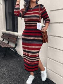 SHEIN LUNE 大码女式圣诞彩虹条纹侧开衩下摆长款休闲连衣裙，时尚秋季女装新年女装节日装节日派对礼服大码连衣裙 - 彩色 - 查看 4