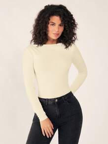 SHEIN BASICS 女士纯色简约日常圆领长袖 T 恤 - 杏色 - 查看 4