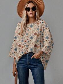 SHEIN LUNE 女士休闲花卉印花宽松圆领 3/4 落肩 T 恤，适合秋冬季 - 彩色 - 查看 4