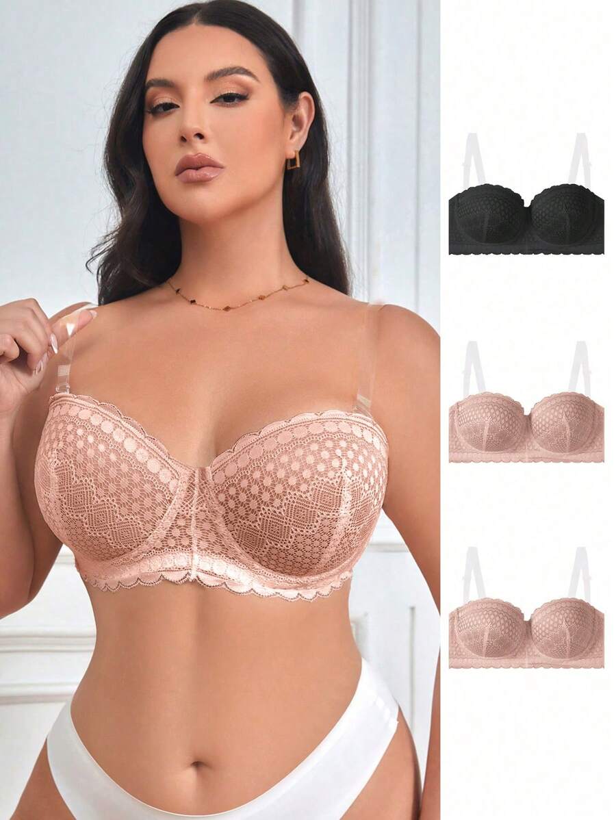 Set de 3 piezas de sujetador con alambres y encaje talla grande, lencería - Multicolor - Ver 1
