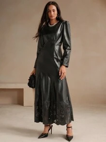 Anewsta 春秋时尚长袖复古风镂空花卉图案 PU 连衣裙 - 黑色 - 查看 3