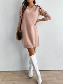 SHEIN LUNE Women's Casual Solid Color Knit Sweater Dress For Spring And Autumn - Baby Pink - View 3