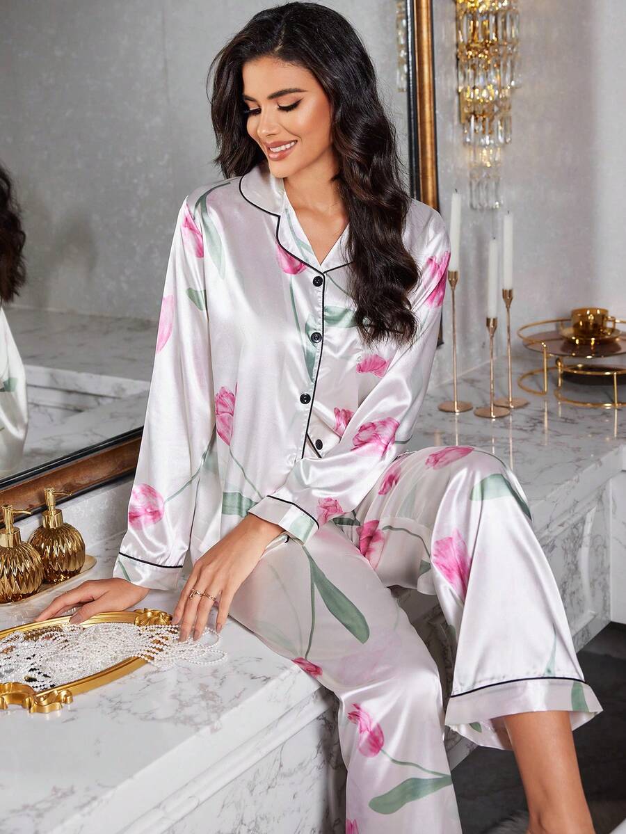 Conjunto de pijama de manga larga con cuello de estampado de tulipanes de seda sintética - Multicolor - Ver 1