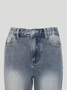 SHEIN Quần Jeans Denim Xé Trung Bình Màu Xanh Phai Cổ Điển Thường Ngày Cho Bé Gái - Rửa trung bình - Xem 4