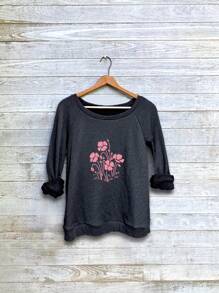 SHEIN LUNE Women's Casual Floral Print Long Sleeve Pullover Fleece T-Shirt, Loose Fit For Fall/Winter