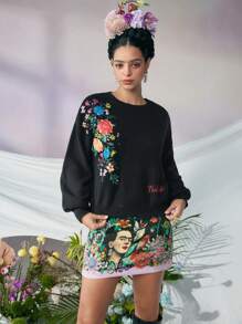 Frida Kahlo X SHEIN 女士休闲花卉图案宽松针织毛衣，秋冬 - 黑色 - 查看 4