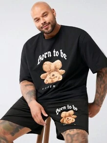 Manfinity VCAY 2pcs/Set Plus Size Men's Casual Bear Pattern Print Loose Dropped Shoulder Short Sleeve T-Shirt And Drawstring Waist Straight Leg Shorts, Suitable For Summer Daily Wear - Black - View 1