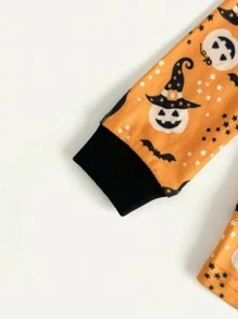 Cozy Pixies 2pcs Pumpkin Pattern Splicing Round Neck Long Sleeve Snug Fit Pajama Top And Pants Set For Young Boys - Multicolor - View 3