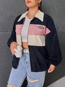 SHEIN EZwear 大码休闲拼色拼接夹克，秋季 - 粉色 - 查看 3