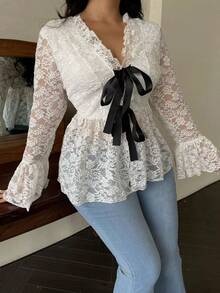 SHEIN Unity Áo len cardigan họa tiết thường ngày cổ chữ V dài tay loe có nơ trang trí cỡ lớn - trắng - Xem 3