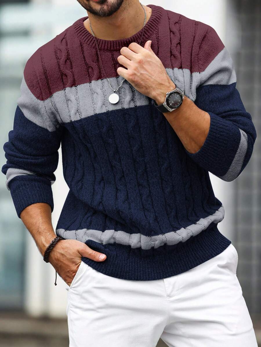 Manfinity Homme Men's Navy Blue Crew Neck Long Sleeve Patchwork Cable Knit Sweater,Autumn Smart Casual Pullover,Formal Wear Color Block Fall Sweater,Casual Daily Wear - Multicolor - View 1